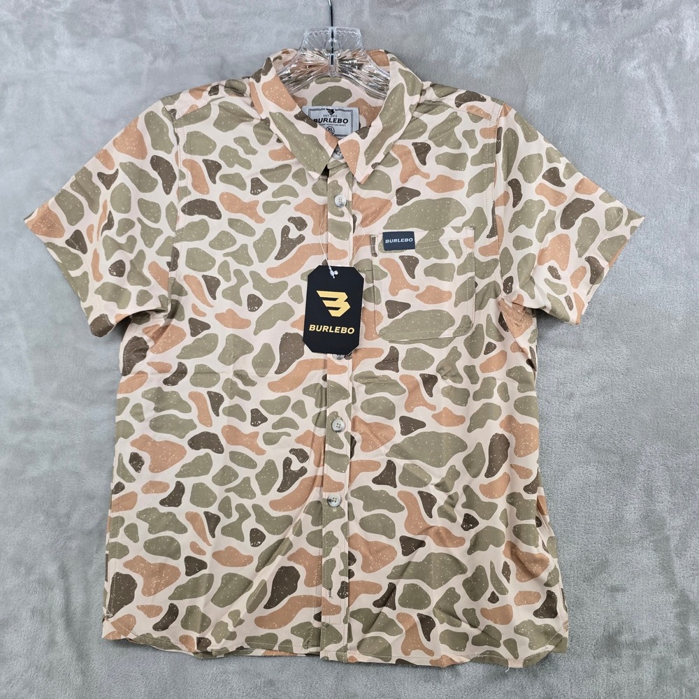 Burlebo Performance Button Up Kids XL Tan Camo Short Sleeve Stretch Shirt